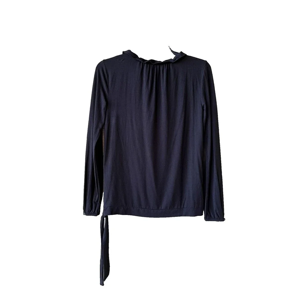 J Crew Mercantile women Black Ruffle Neck Side Tie Long Sleeve Knit Top size XXS
